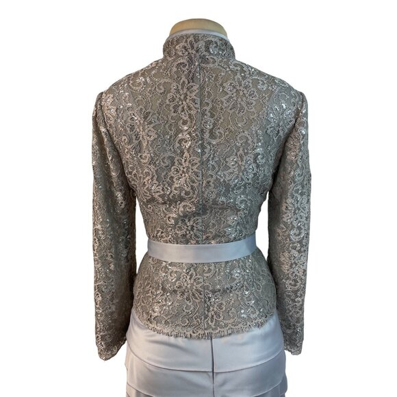 JS Collections Womens Silver Lace Jacket & Tiered Satin Skirt Formal Set Sz 2 - Picture 8 of 16
